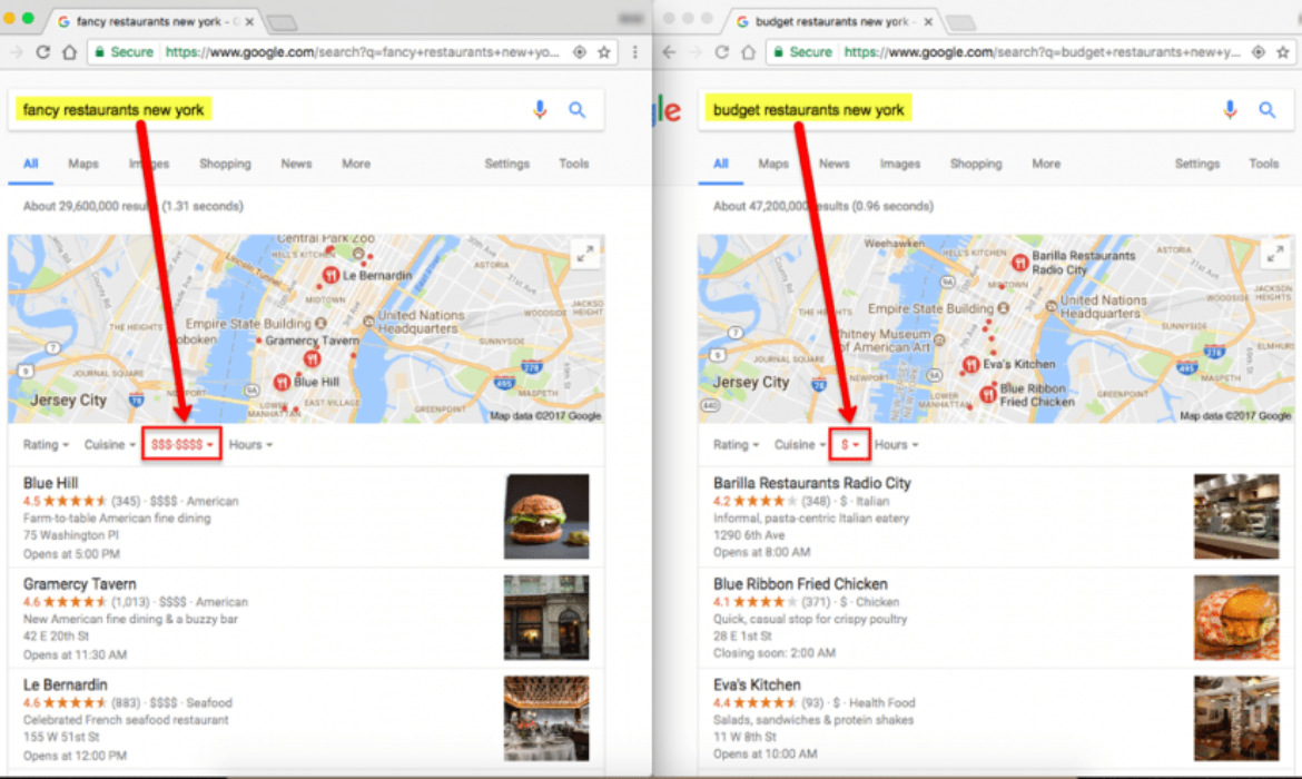 Screenshot of Google's local map pack widget