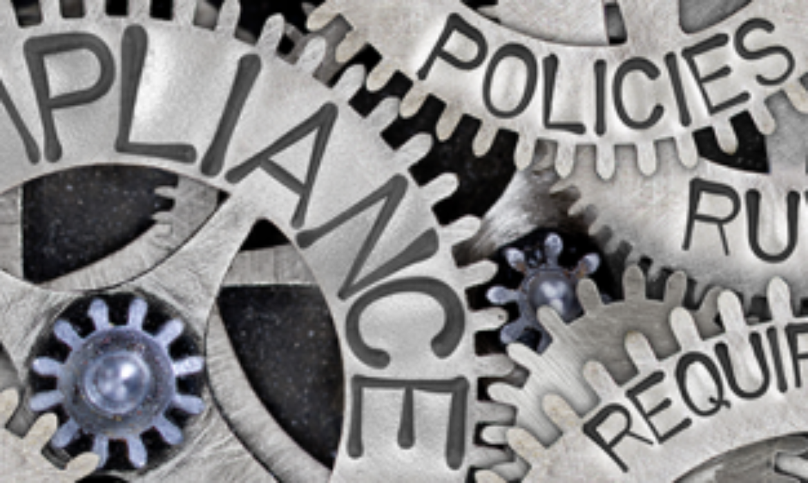 Various gears with words written on them such as "compliance", "polices", etc