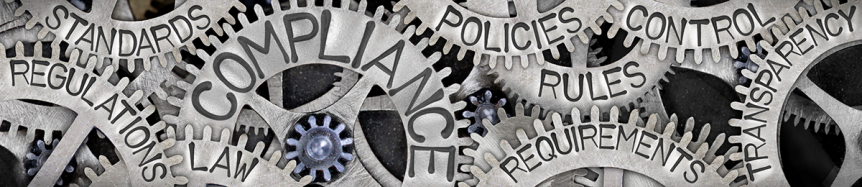 Various gears with words written on them such as "compliance", "polices", etc