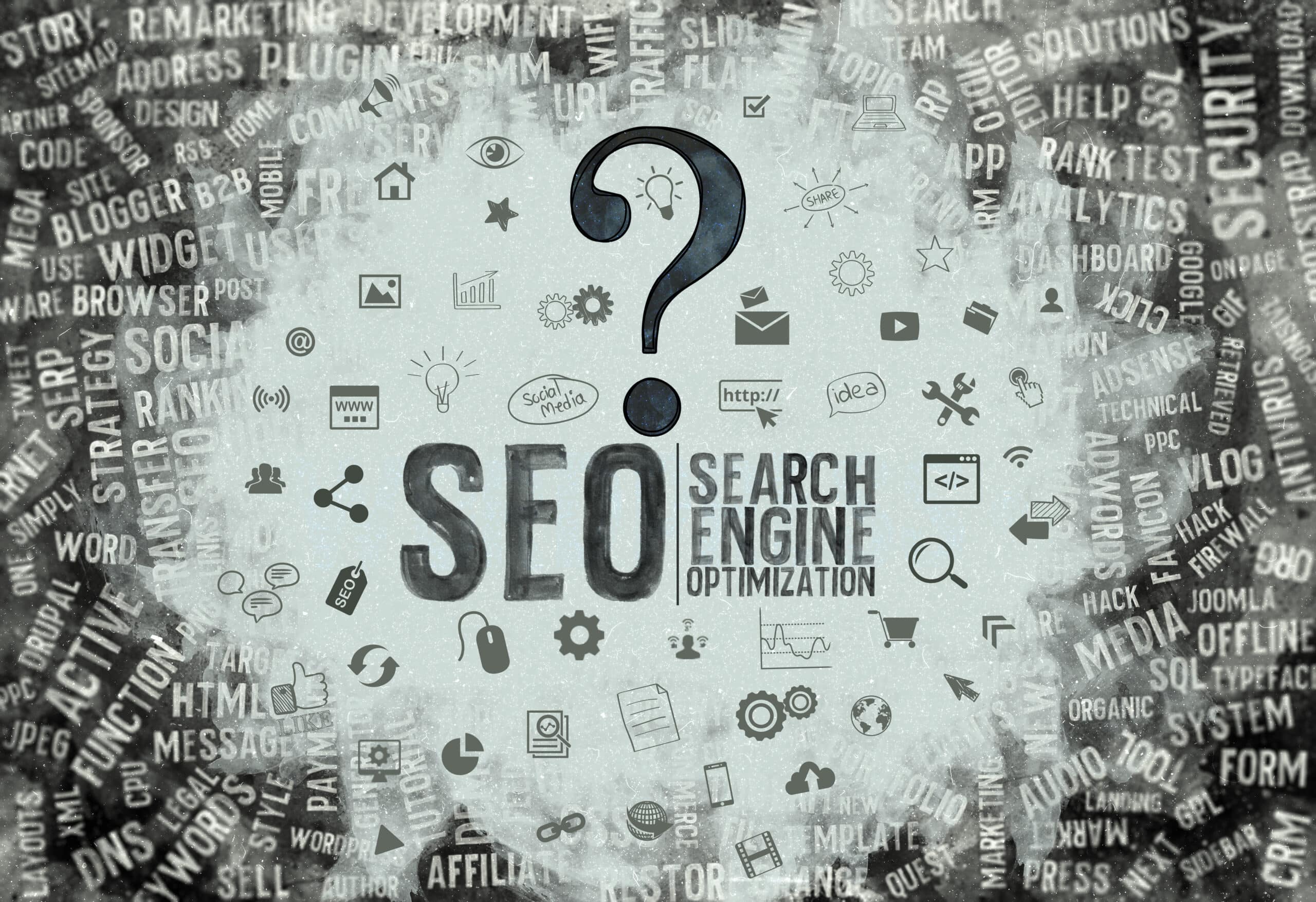 The written text "SEO?" surrounded by hundreds of icons and words from the digital space.
