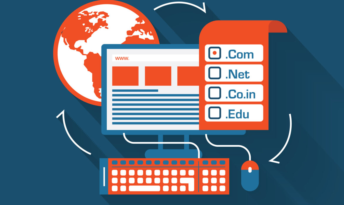 A graphic depicting a computer, server, and a globe with the text "Domain Registration"